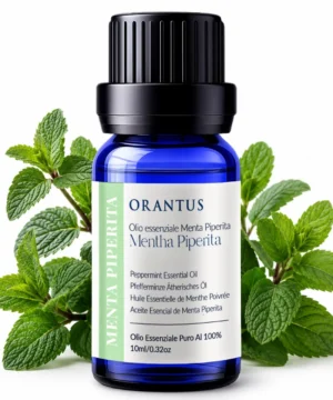 Olio essenziale di menta piperita Orantus con foglie fresche di menta