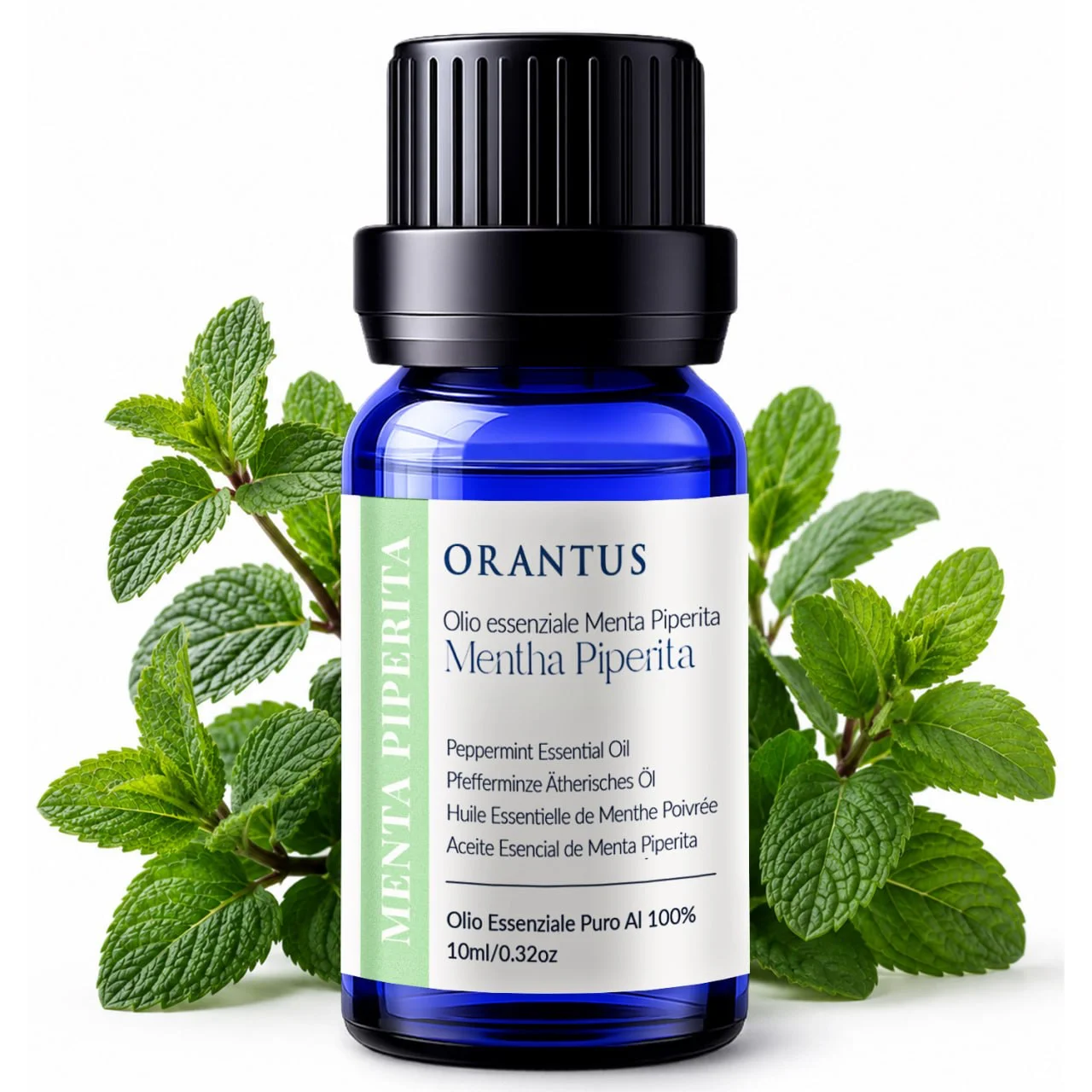 Olio essenziale di menta piperita Orantus con foglie fresche di menta