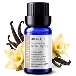 Olio essenziale di vaniglia Orantus con baccelli e fiori di Vanilla Planifolia