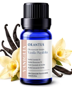 Olio essenziale di vaniglia Orantus con baccelli e fiori di Vanilla Planifolia