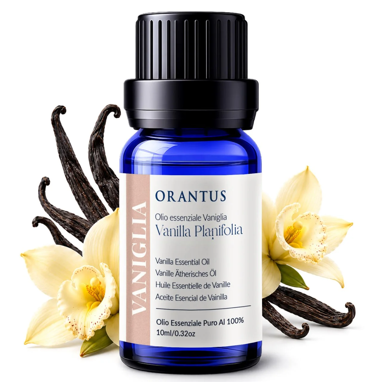 Olio essenziale di vaniglia Orantus con baccelli e fiori di Vanilla Planifolia