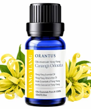 Olio essenziale di ylang ylang Orantus con fiori tropicali di Cananga Odorata