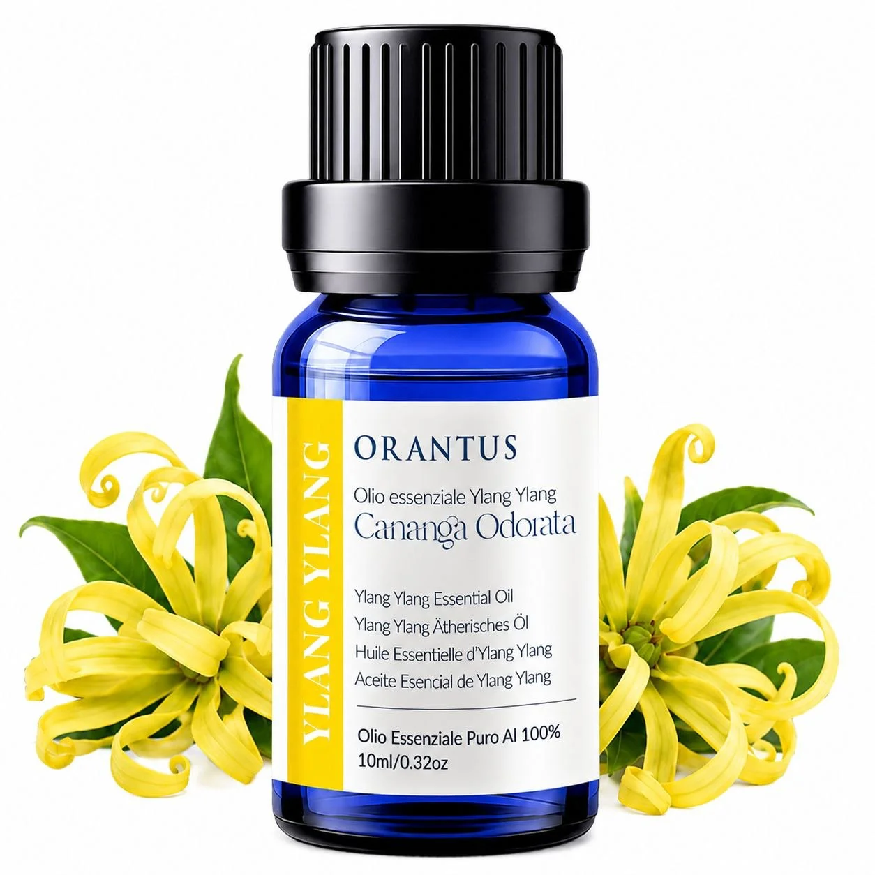 Olio essenziale di ylang ylang Orantus con fiori tropicali di Cananga Odorata