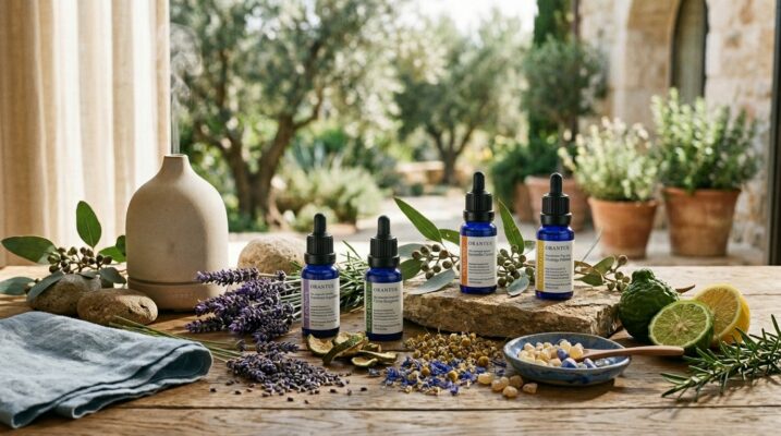 Oli essenziali ORANTUS con lavanda, agrumi ed elementi botanici in un’atmosfera naturale dedicata all’aromaterapia e al benessere sensoriale.