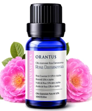 Olio essenziale di rosa damascena 10% in jojoba Orantus con fiori di Rosa Damascena